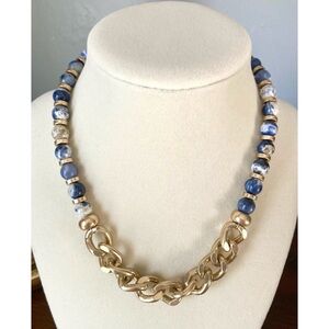 CANVAS Gemstone Beaded Statement Necklace Goldtone Chain Blue Stone